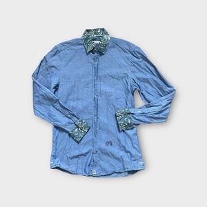 John Lennon Mens Paisley Flip Cuff Contrast Trim Chambray Shirt Retro Blue Small